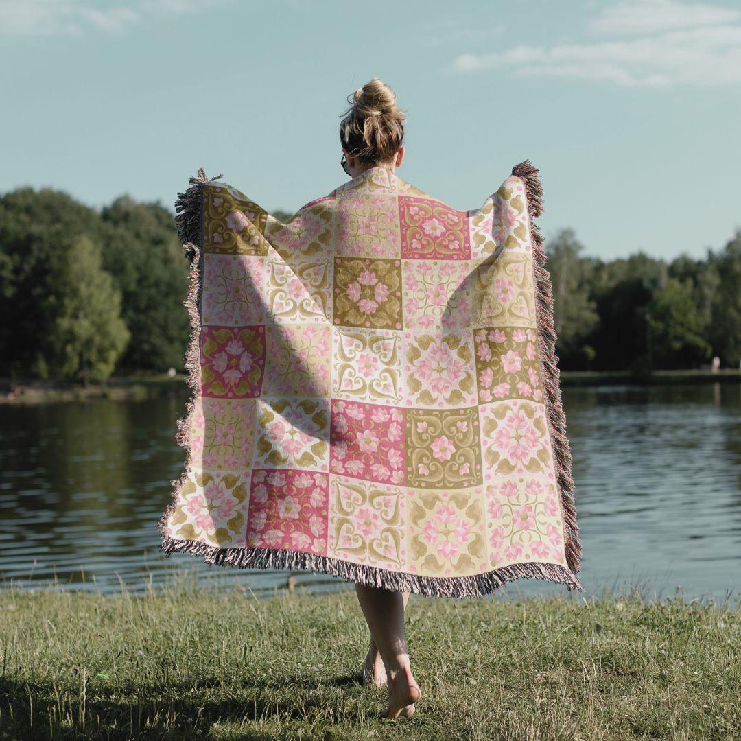 Garden Tiles in Rose Woven Throw Blanket - GroveWisdom