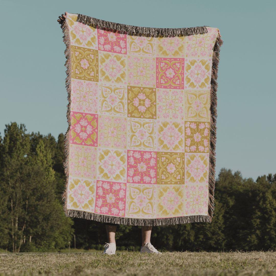 Garden Tiles in Rose Woven Throw Blanket - GroveWisdom