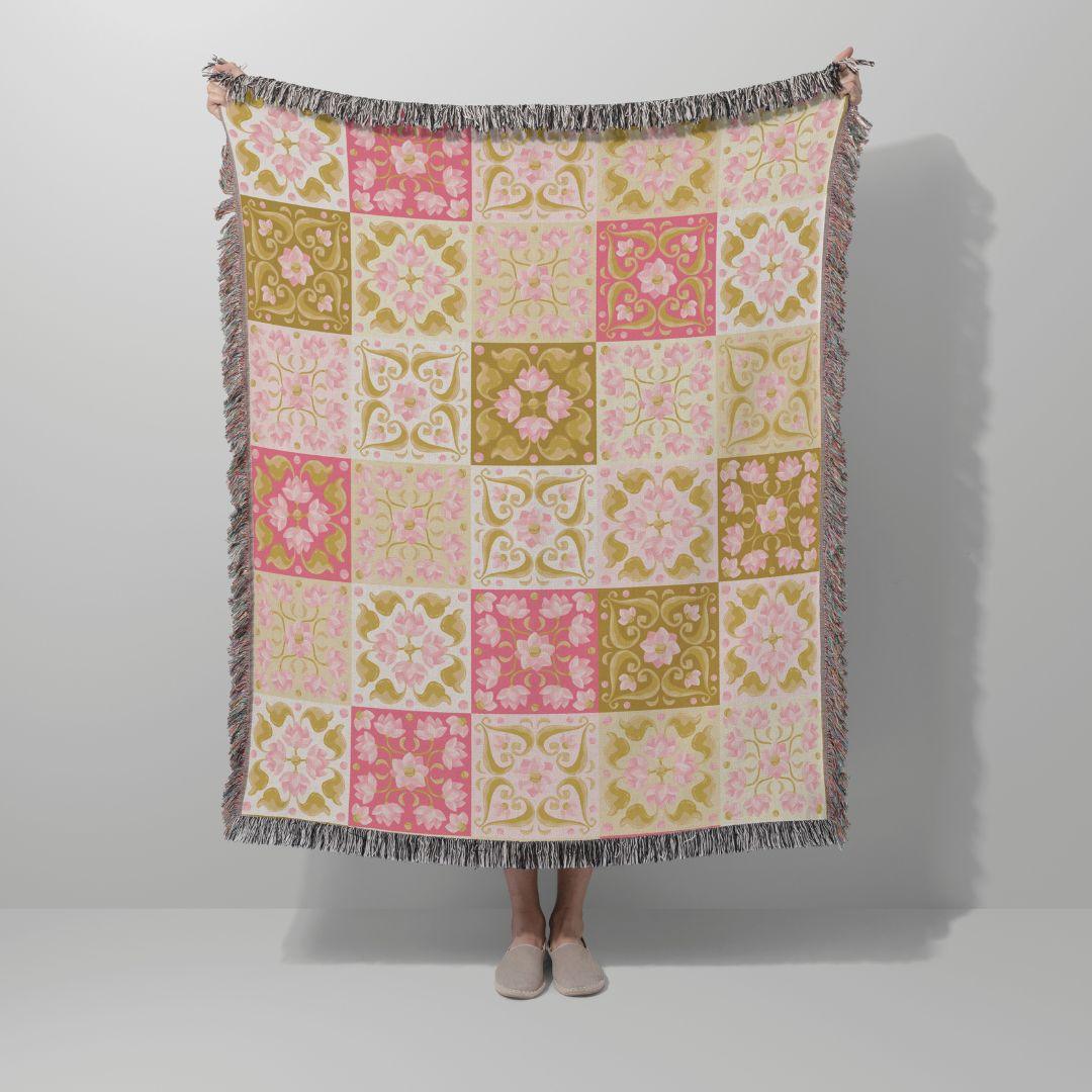 Garden Tiles in Rose Woven Throw Blanket - GroveWisdom