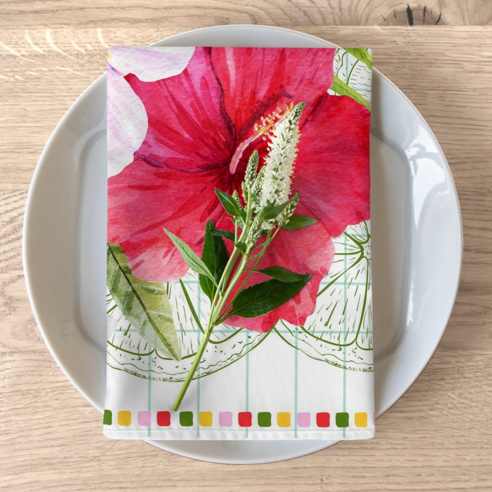 Hibiscus Bouquet and Lime Cloth Napkins, set of 4 - GroveWisdom